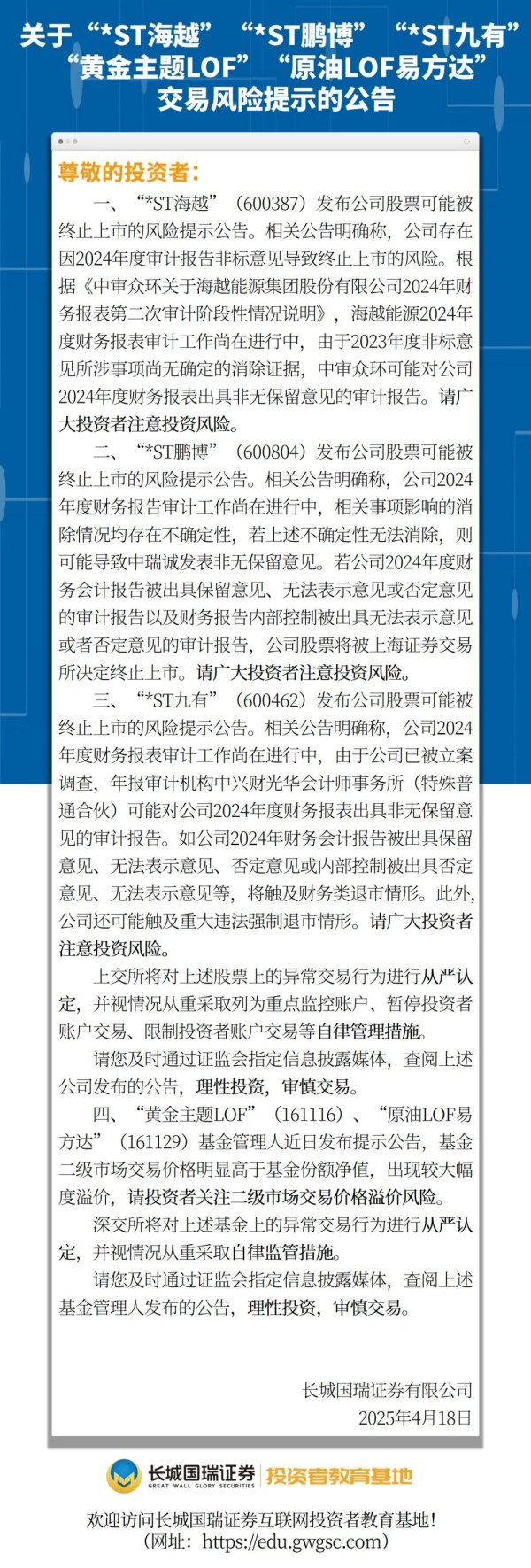 方道配资 关于“*ST海越”“*ST鹏博”“*ST九有”“黄金主题LOF”“原油LOF易方达”交易风险提示的公告